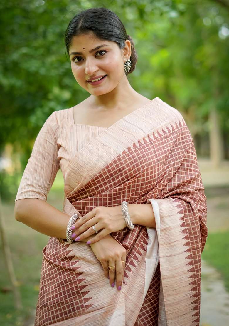 Brown Solid Tussar Silk Saree Set for Diwali | Wedding & Festive Wear - Indya