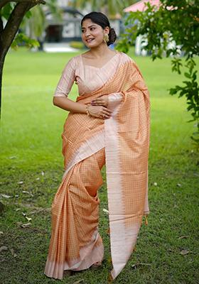 Orange Solid Tussar Silk Saree Set