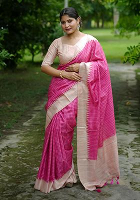 Pink Solid Tussar Silk Saree Set