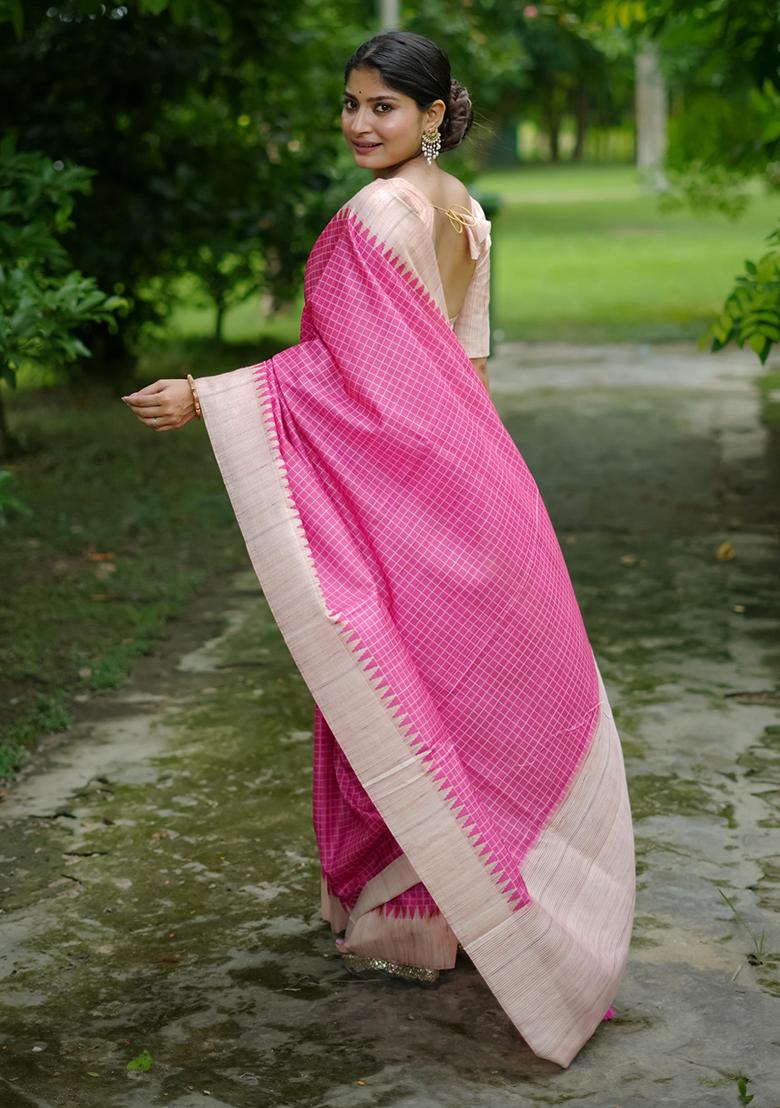 Pink Solid Tussar Silk Saree Set