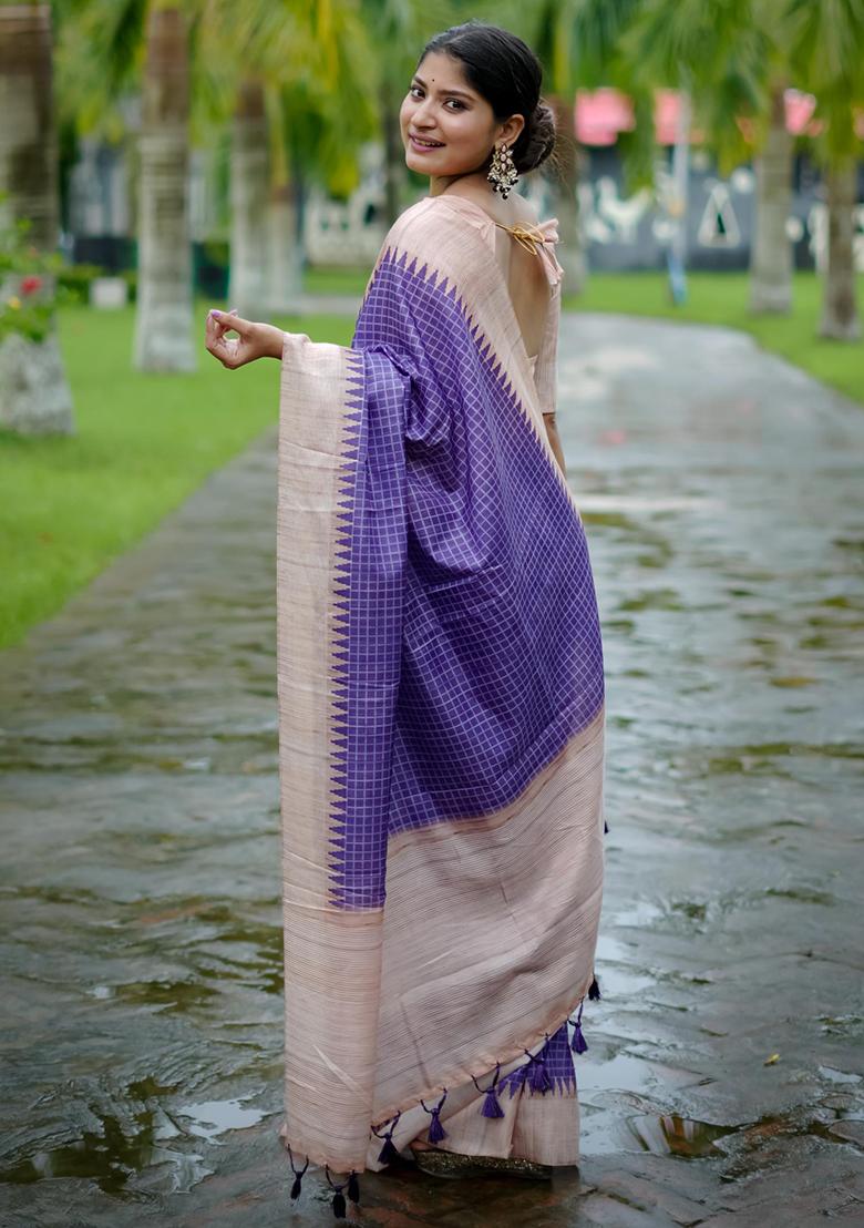 Purple Solid Tussar Silk Saree Set