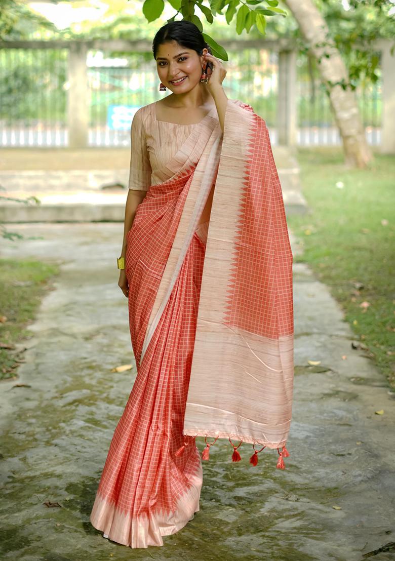 Red Solid Tussar Silk Saree Set