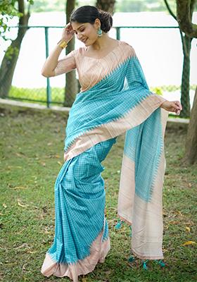 Sky Blue Solid Tussar Silk Saree Set