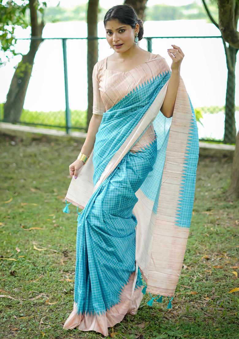 Sky Blue Solid Tussar Silk Saree Set