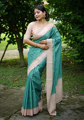 Teal Solid Tussar Silk Saree Set