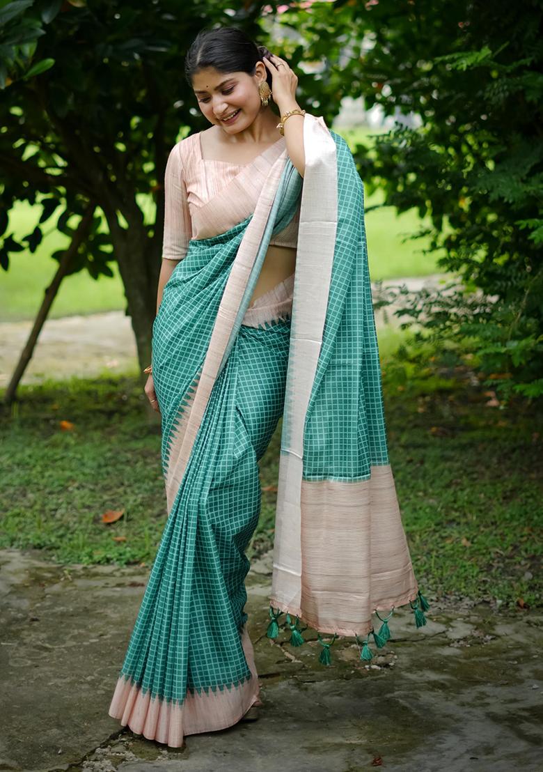 Teal Solid Tussar Silk Saree Set