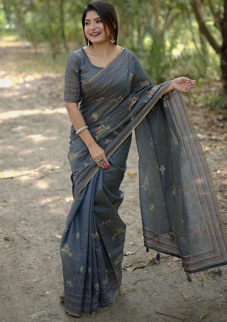 Grey Solid Tussar Silk Saree Set for Diwali | Wedding & Festive Wear - Indya