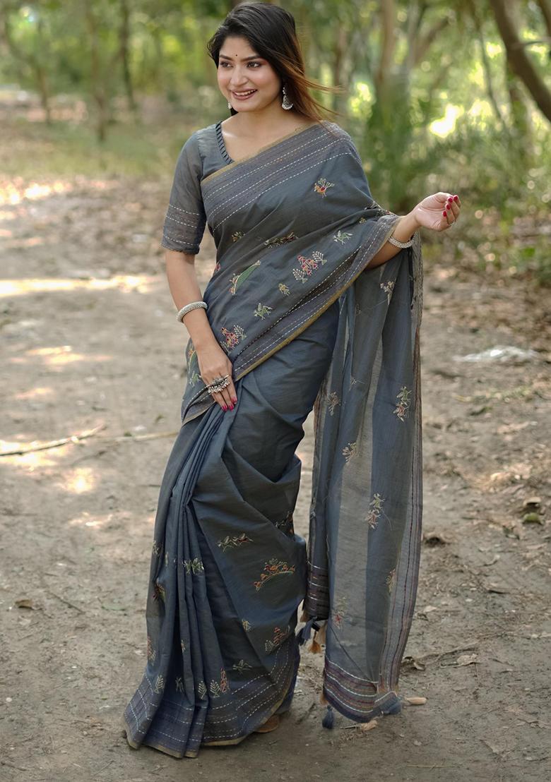 Grey Solid Tussar Silk Saree Set