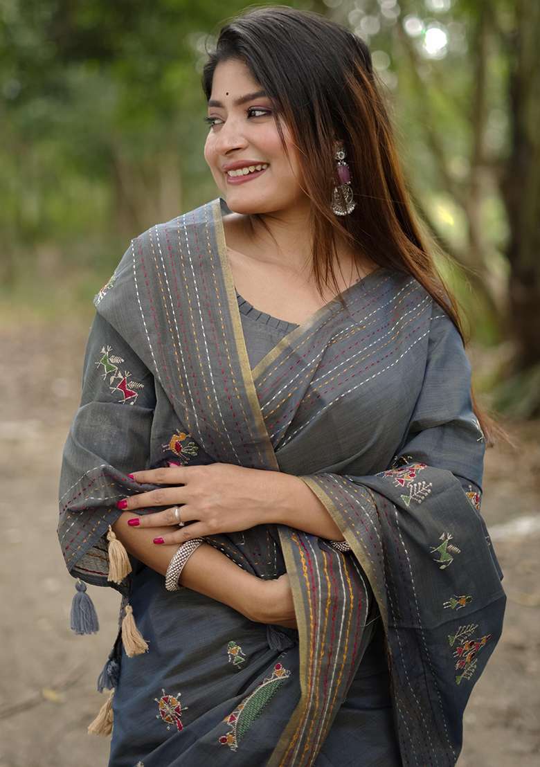 Grey Solid Tussar Silk Saree Set for Diwali | Wedding & Festive Wear - Indya