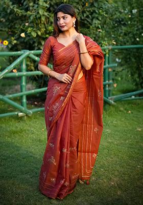 Red Solid Tussar Silk Saree Set