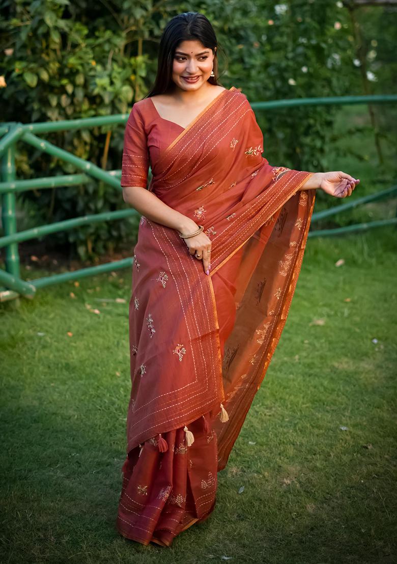 Red Solid Tussar Silk Saree Set
