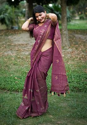 Purple Solid Tussar Silk Saree Set