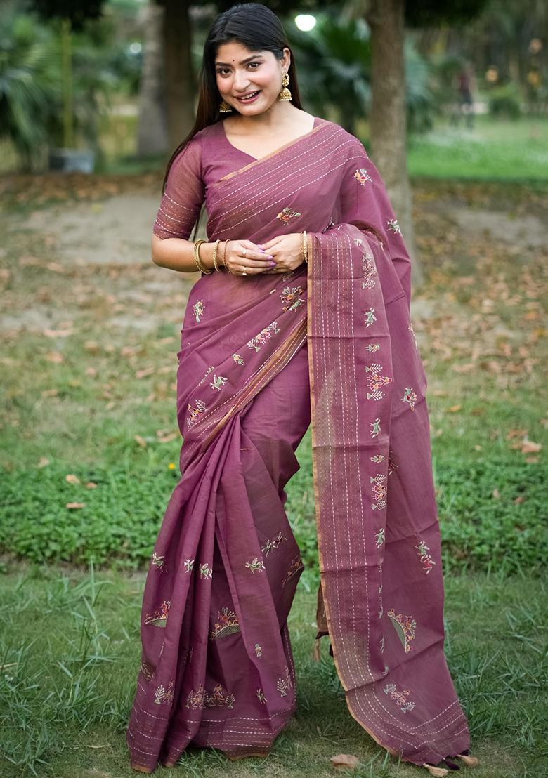 Purple Solid Tussar Silk Saree Set
