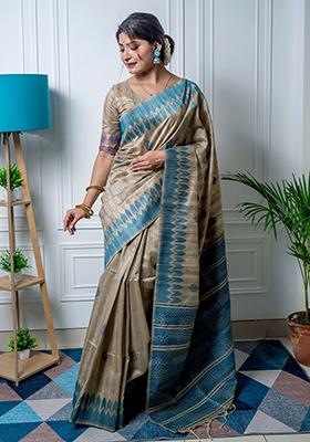 Blue Solid Tussar Silk Saree Set