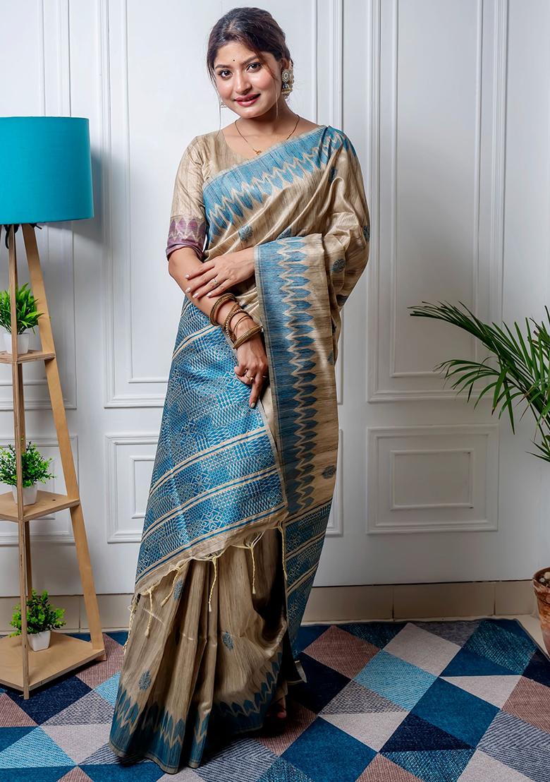 Blue Solid Tussar Silk Saree Set