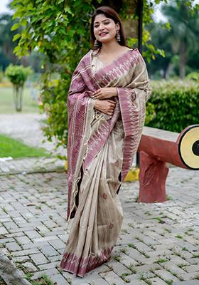 Maroon Solid Tussar Silk Saree Set