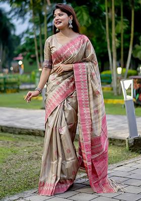 Pink Solid Tussar Silk Saree Set