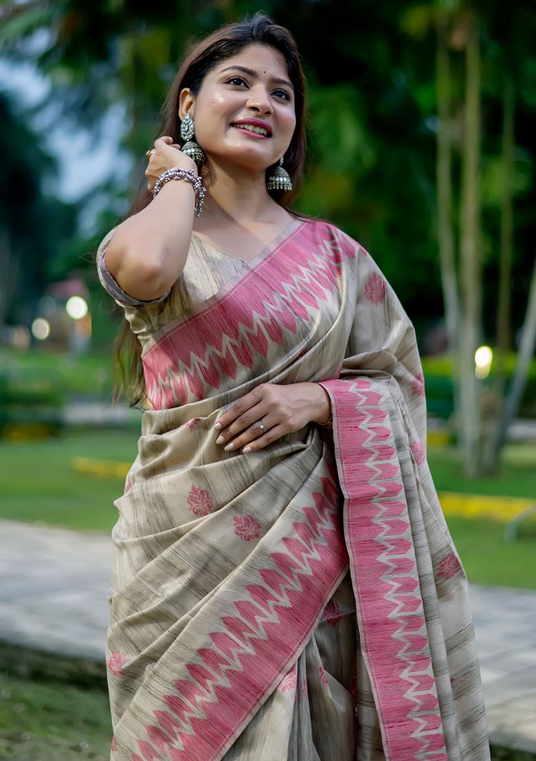 Pink Solid Tussar Silk Saree Set