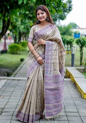 Purple Solid Tussar Silk Saree Set