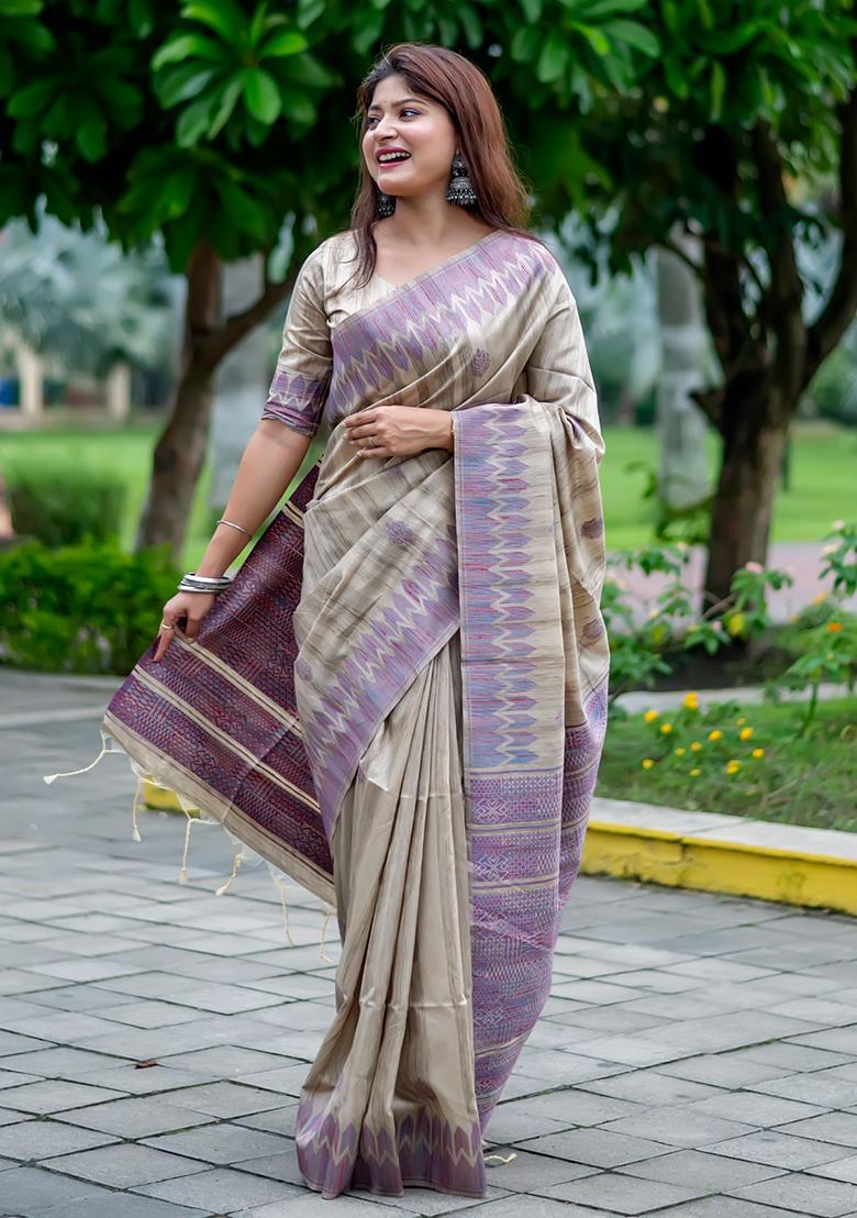 Purple Solid Tussar Silk Saree Set