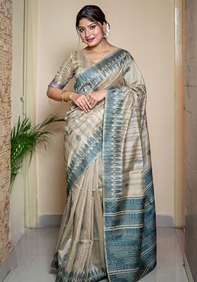Sky Blue Solid Tussar Silk Saree Set