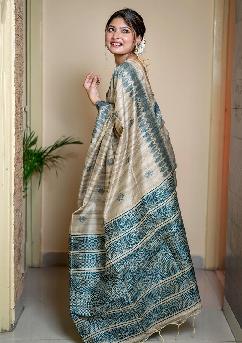 Sky Blue Solid Tussar Silk Saree Set