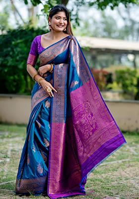 Blue Solid Silk Saree Set