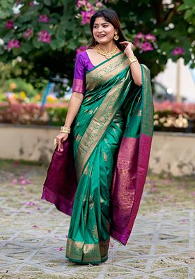 Green Solid Silk Saree Set
