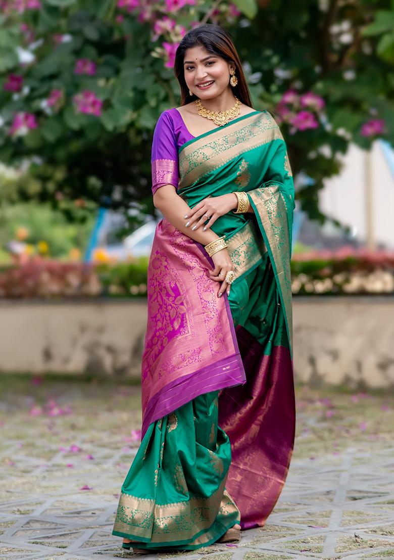 Green Solid Silk Saree Set
