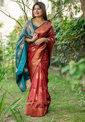 Maroon Solid Silk Saree Set