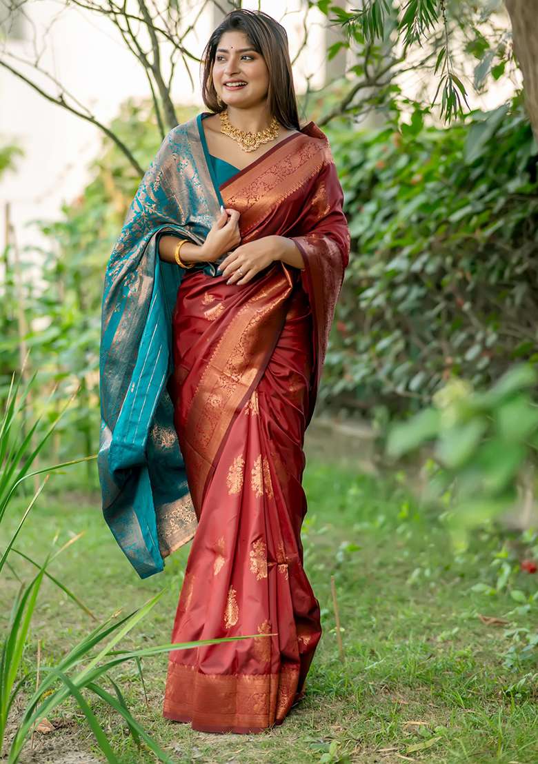Maroon Solid Silk Saree Set for Diwali | Wedding & Festive Wear - Indya
