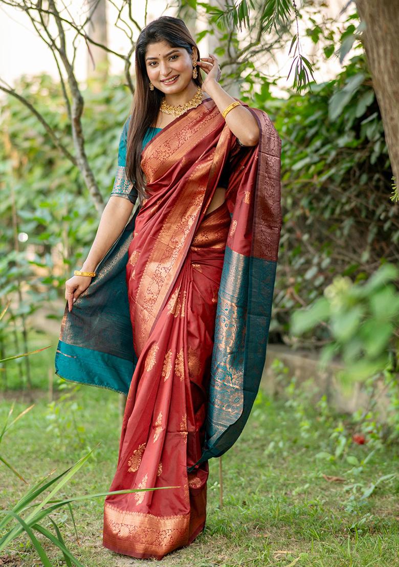Maroon Solid Silk Saree Set