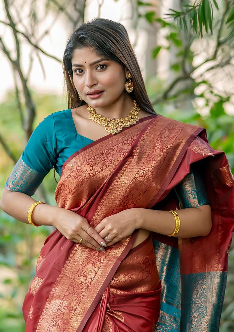 Maroon Solid Silk Saree Set for Diwali | Wedding & Festive Wear - Indya