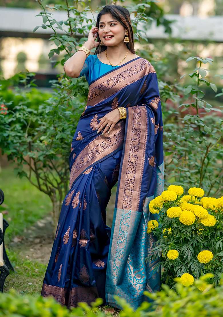 Navy Blue Solid Silk Saree Set for Diwali | Wedding & Festive Wear - Indya