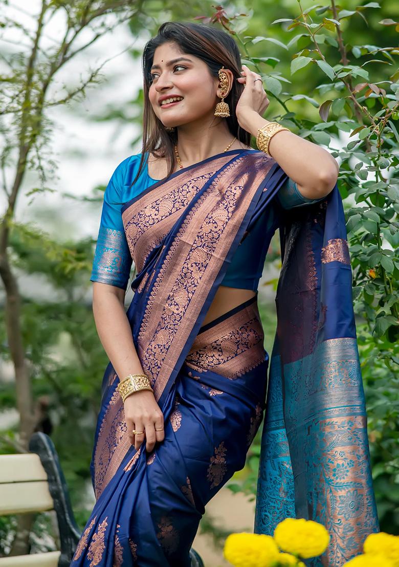 Navy Blue Solid Silk Saree Set