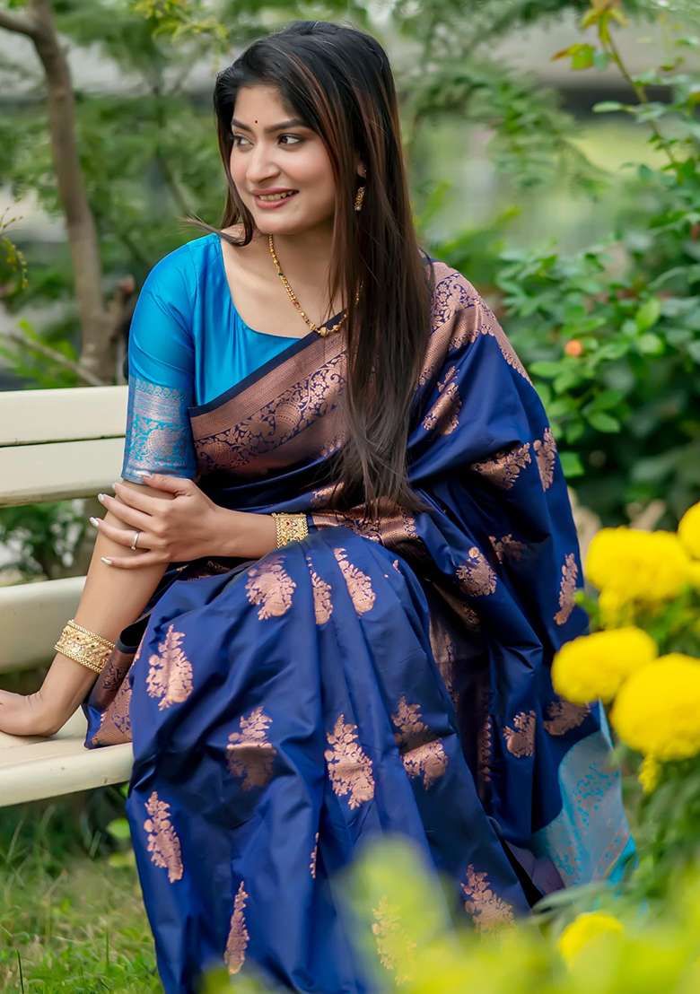 Navy Blue Solid Silk Saree Set for Diwali | Wedding & Festive Wear - Indya