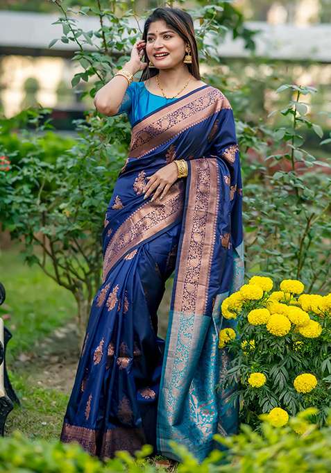 Navy Blue Solid Silk Saree Set for Diwali | Wedding & Festive Wear