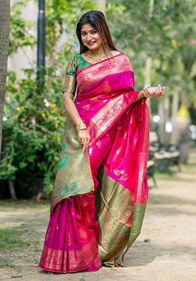 Pink Solid Silk Saree Set