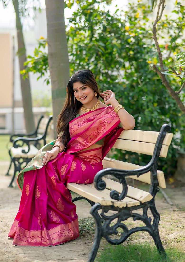 Pink Solid Silk Saree Set