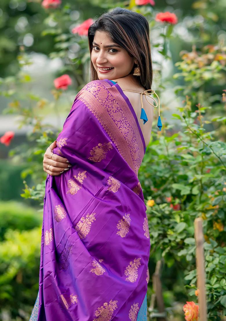 Purple Solid Silk Saree Set