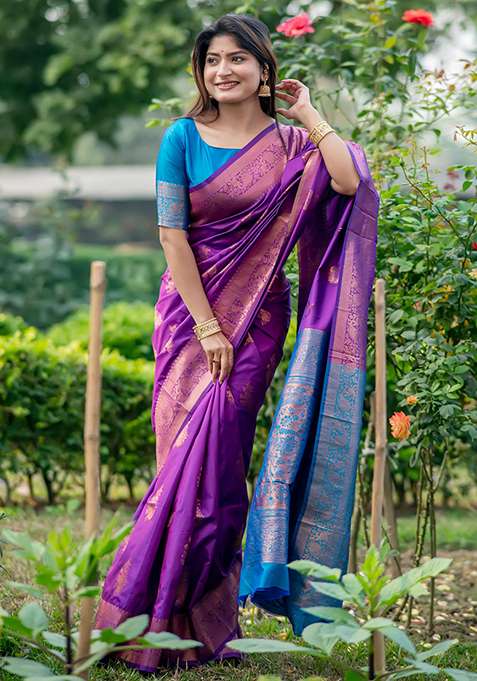Purple Solid Silk Saree Set for Diwali and Festive Wear