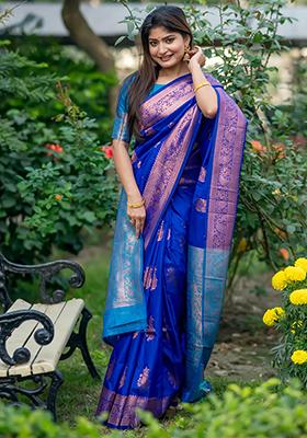 Royal Blue Solid Silk Saree Set