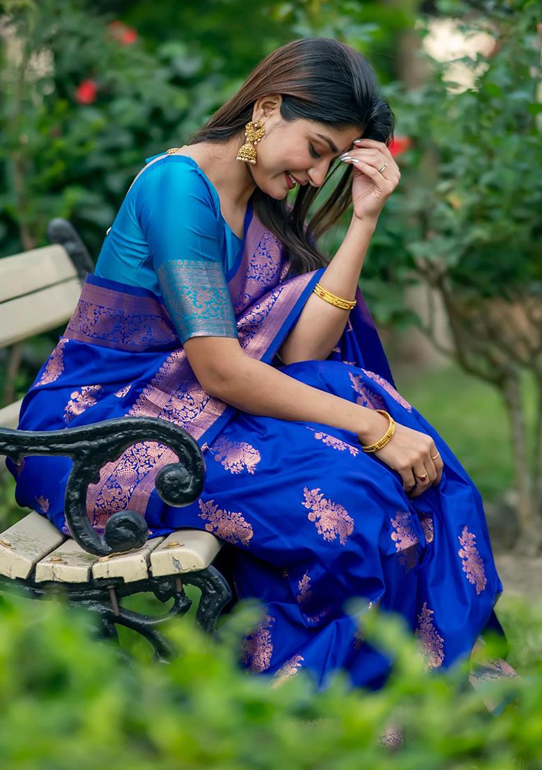 Royal Blue Solid Silk Saree Set