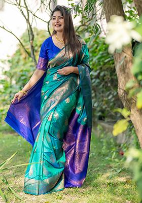 Teal Solid Silk Saree Set