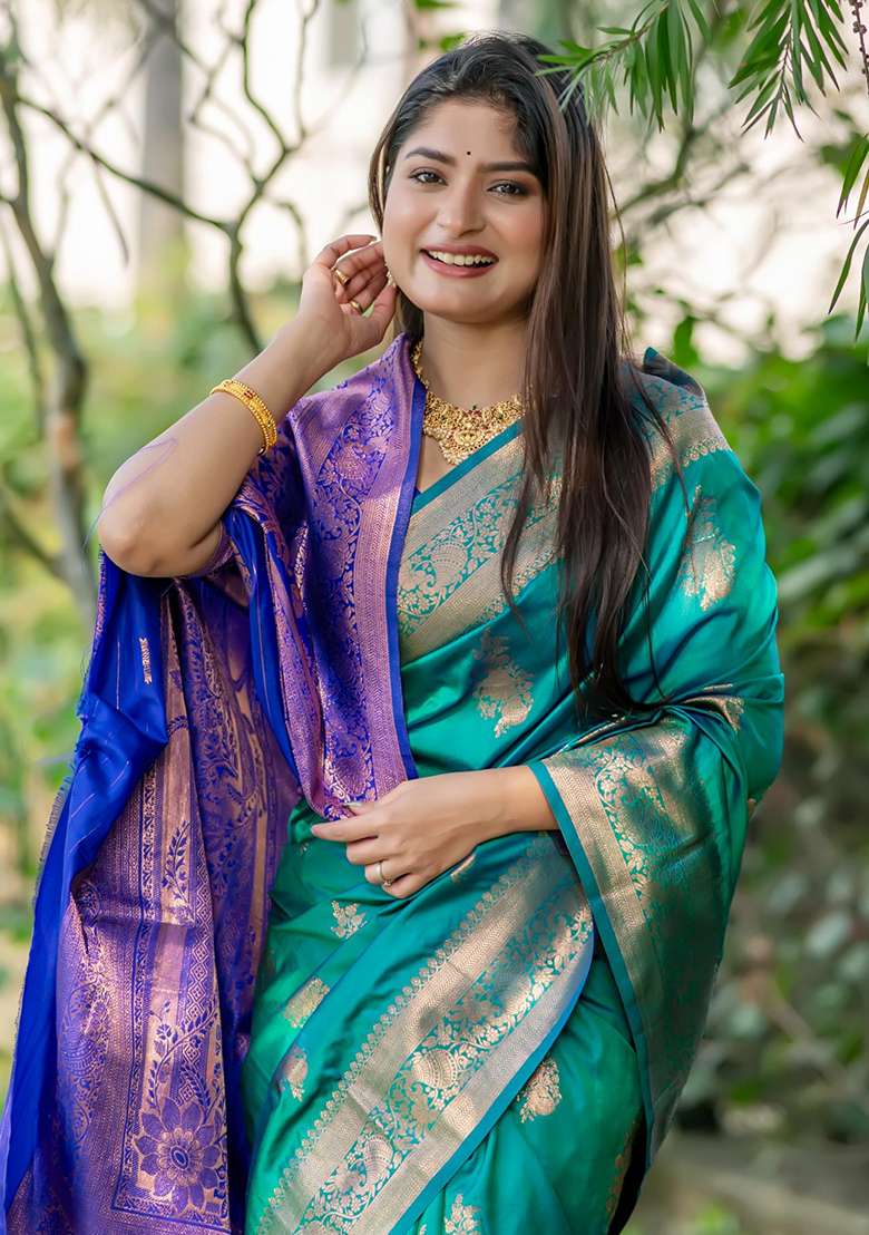 Teal Solid Silk Saree Set for Diwali and Festive Wear - Indya