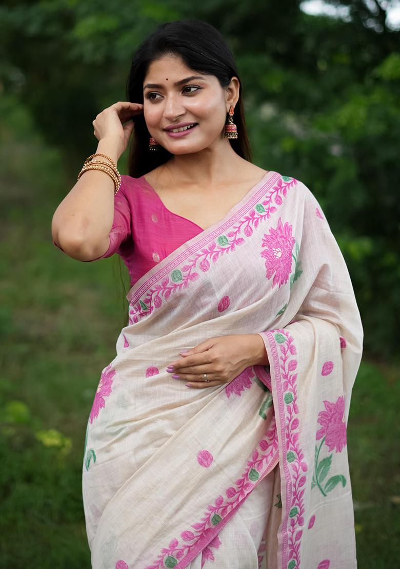 Pink Solid Cotton Saree Set