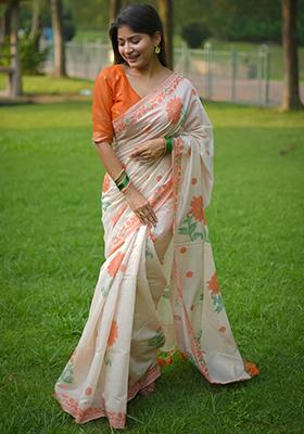 Orange Solid Cotton Saree Set