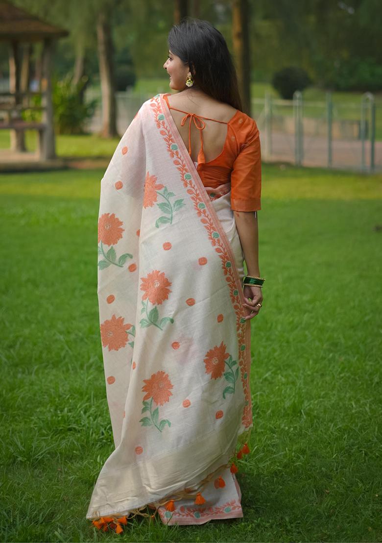 Orange Solid Cotton Saree Set