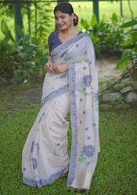 Blue Solid Cotton Saree Set