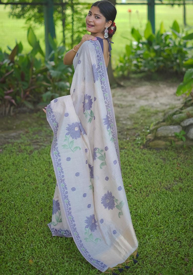 Blue Solid Cotton Saree Set